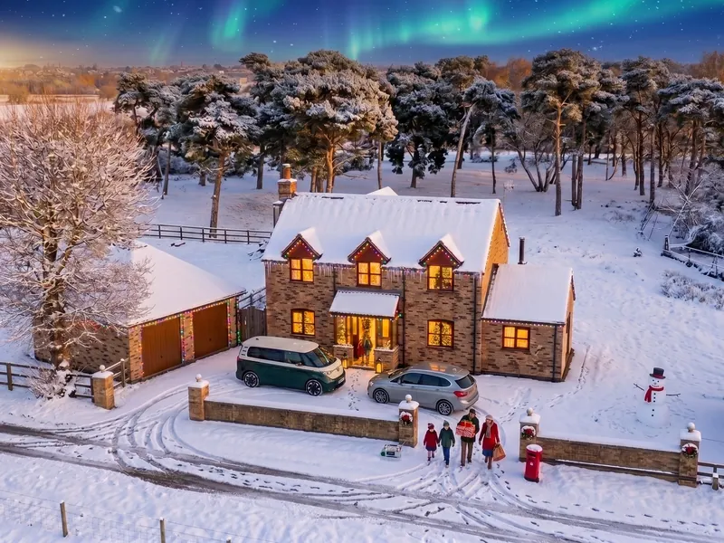 Aurora and snow festive AI aerial home portrait by Skyline Visuals