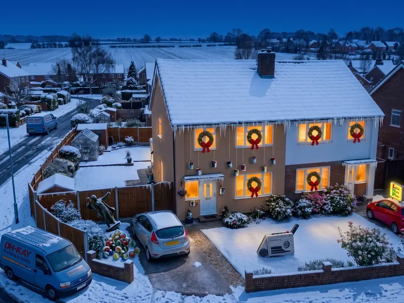 Festive blue hour wreaths AI aerial home portrait by Skyline Visuals