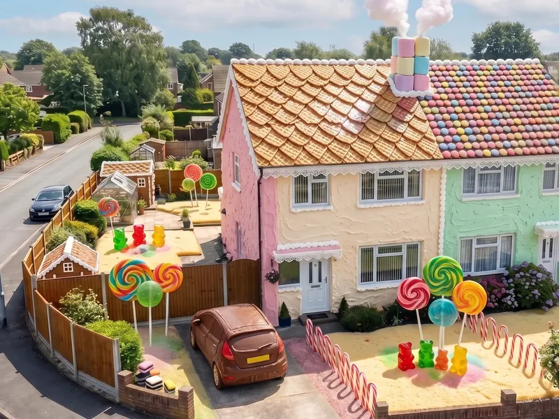 Gingerbread and candy house AI aerial home portrait by Skyline Visuals