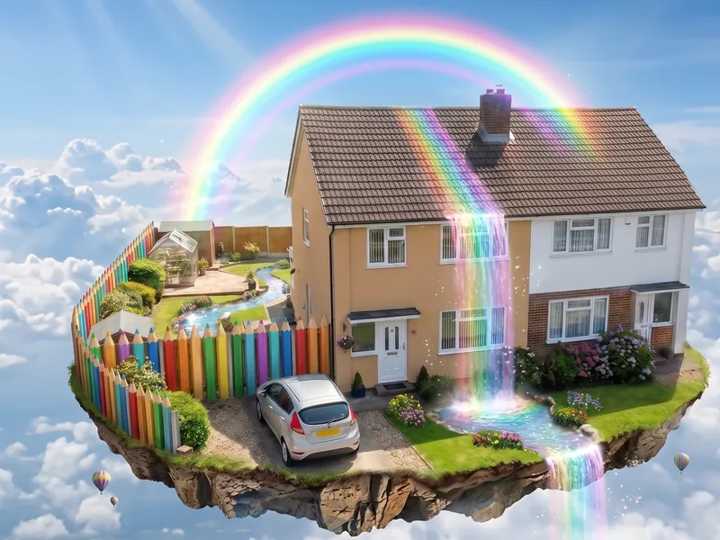 Rainbow floating island AI aerial home portrait by Skyline Visuals