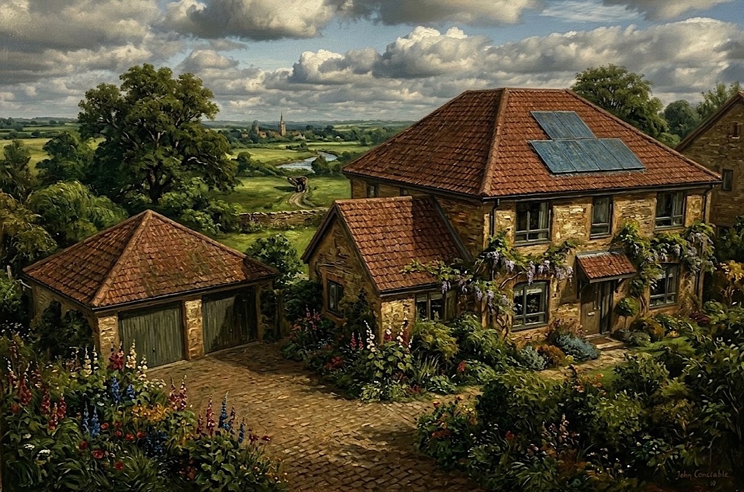 Constable modern oil painting style AI aerial home portrait by Skyline Visuals
