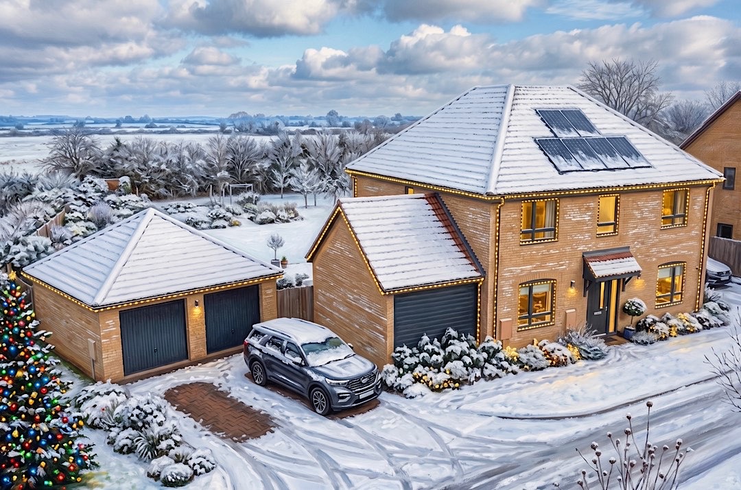 White Christmas oil painting style AI aerial home portrait by Skyline Visuals