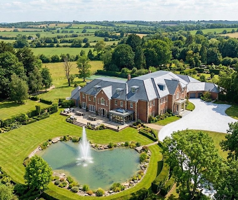 Aerial drone view of luxury estate with ornamental fountain and grounds