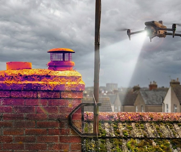 Thermal imaging drone inspection showing heat signature on residential roof