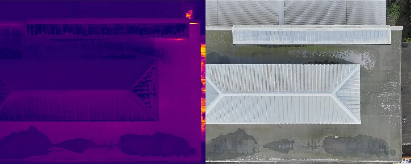 Split-screen thermal and visual drone imagery of a commercial roof