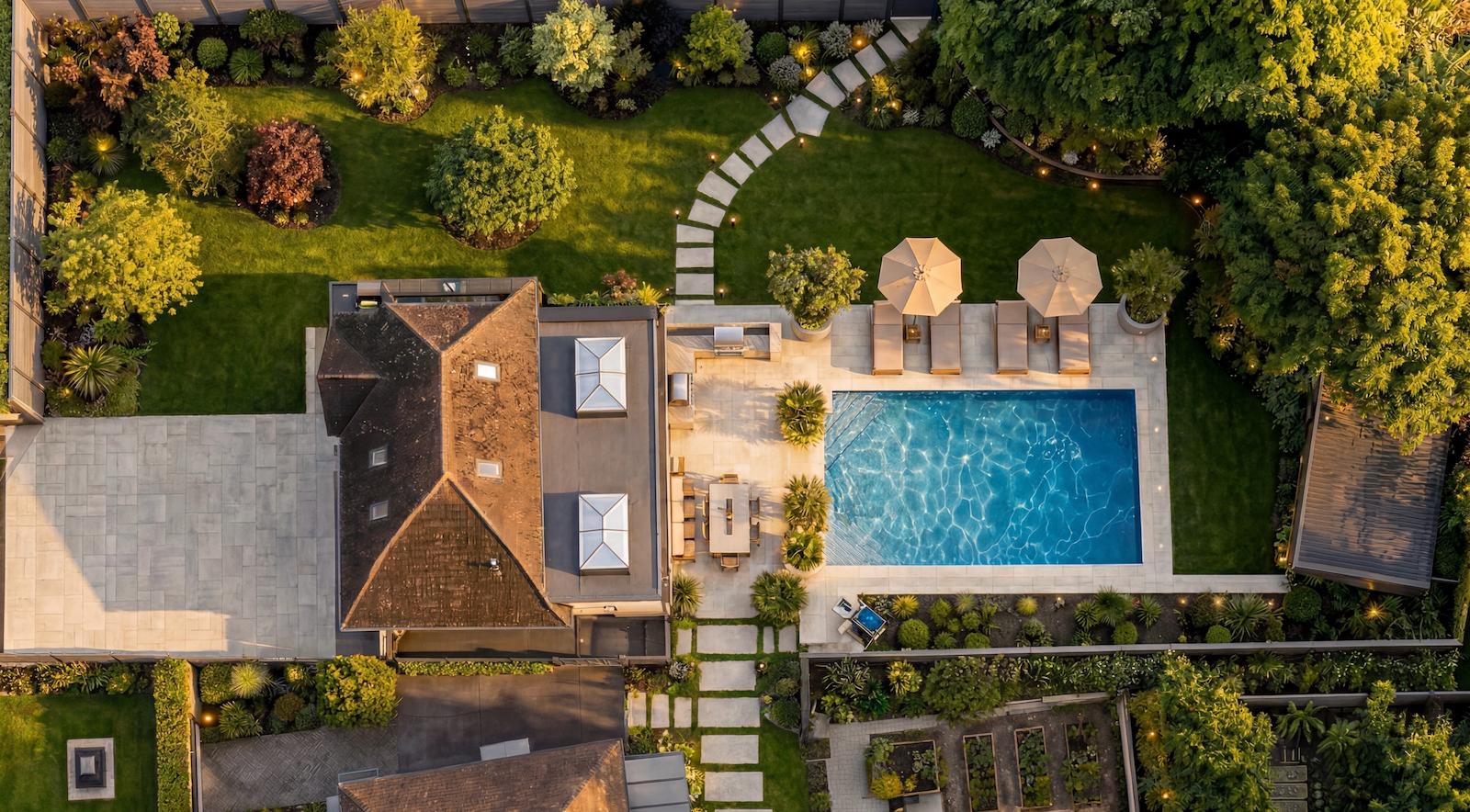 Garden after landscaping — aerial drone shot