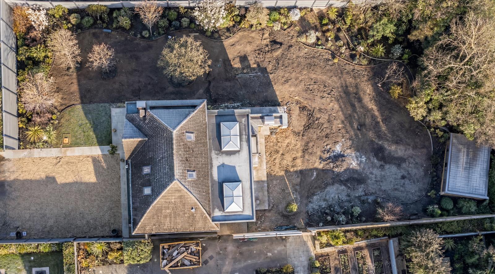 Garden before landscaping — aerial drone shot