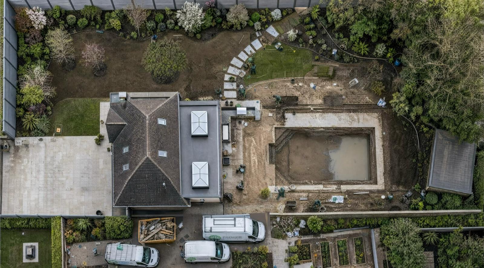 Garden renovation in progress — aerial drone shot
