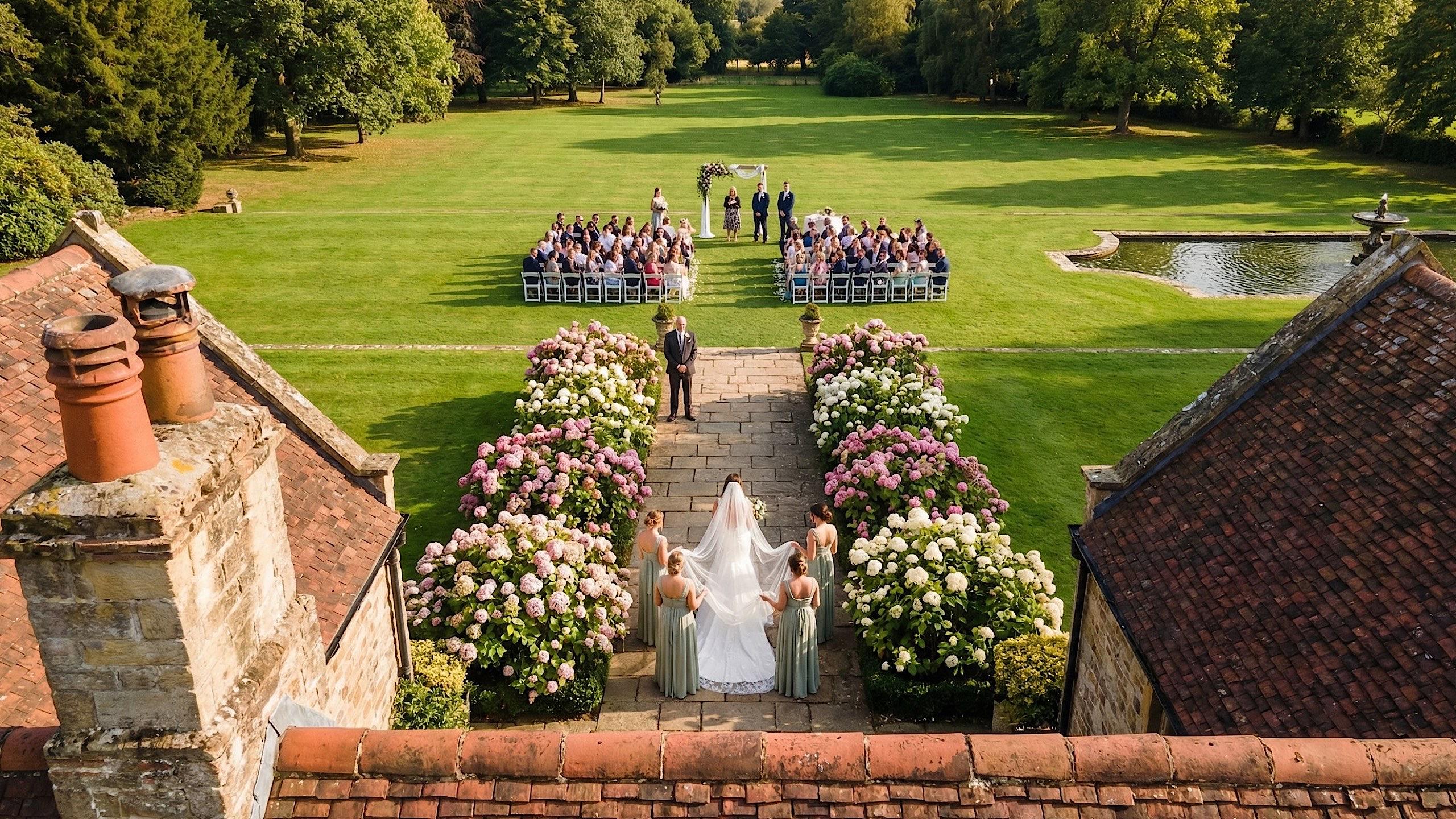 Aerial drone view of outdoor wedding ceremony with bride walking through garden, Northamptonshire