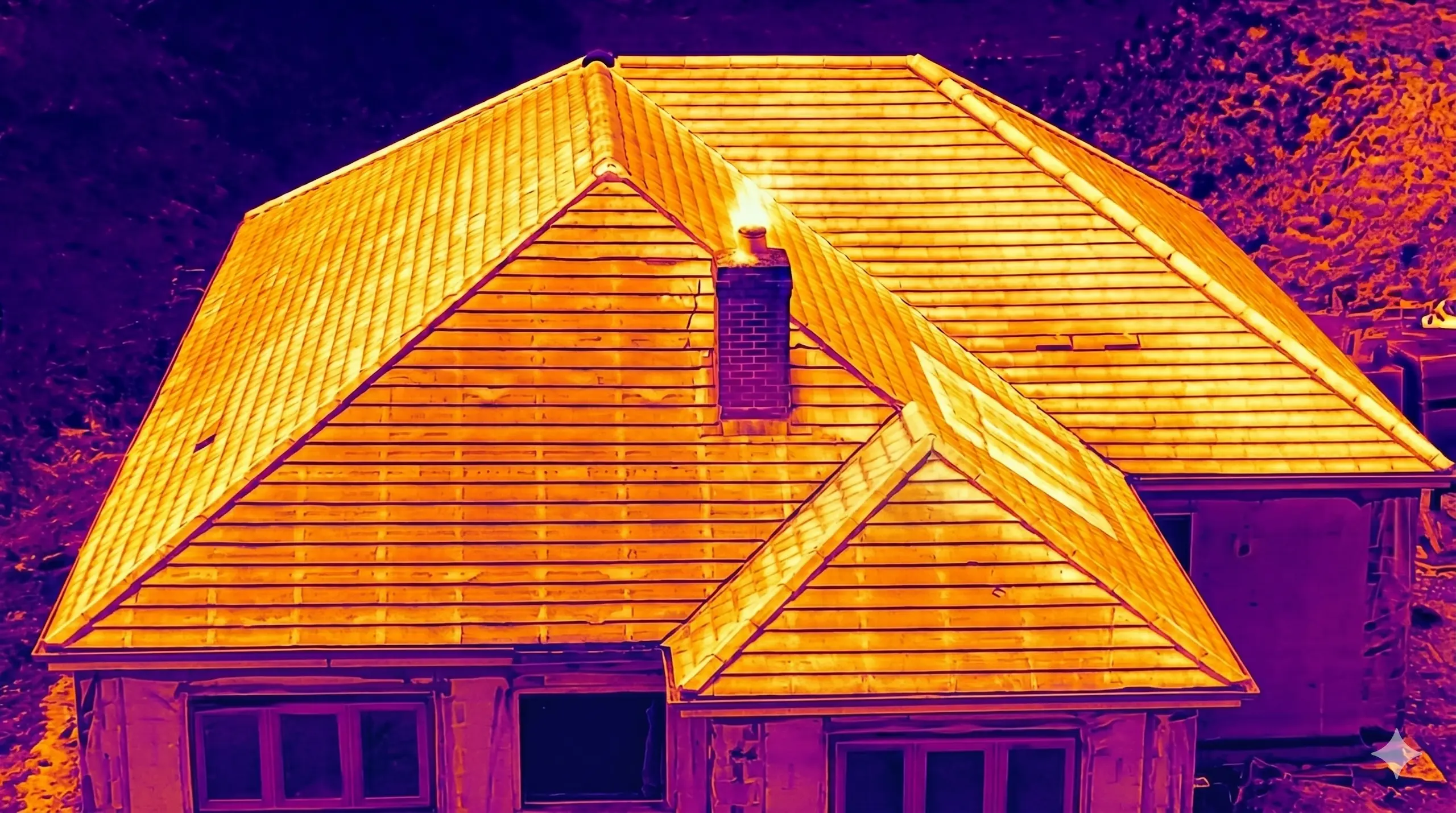 Aerial thermal drone view of residential roof showing heat loss and water ingress