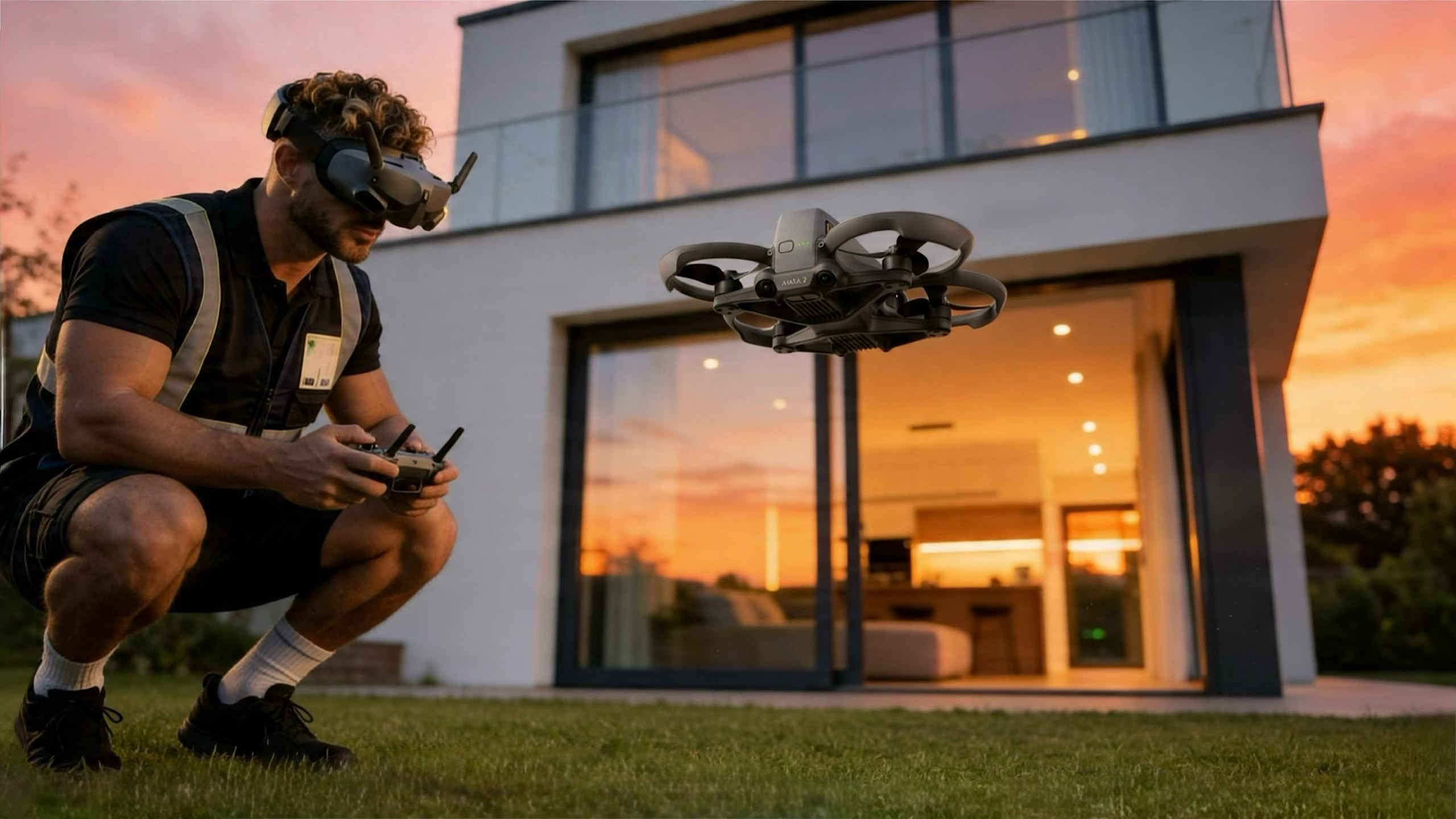 Skyline drone services certified pilot operating drone at residential property at dusk