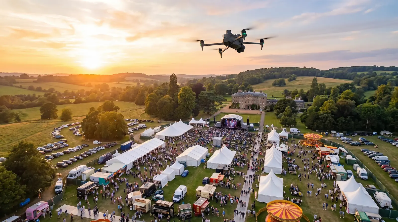 Two drones flying at golden sunset over industrial area for special event coverage