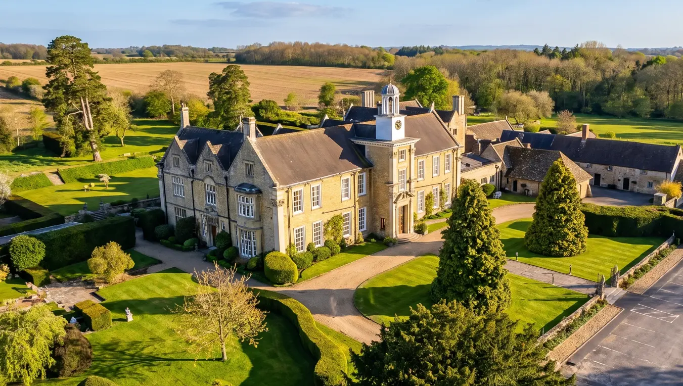Aerial drone view of luxury estate with ornamental fountain and grounds