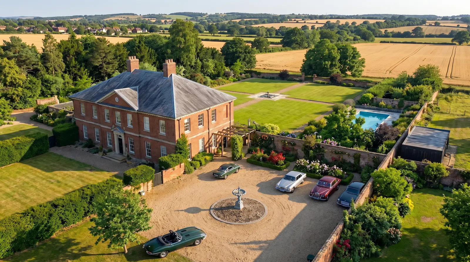 Aerial drone photography of Georgian manor house with classic cars for property listing
