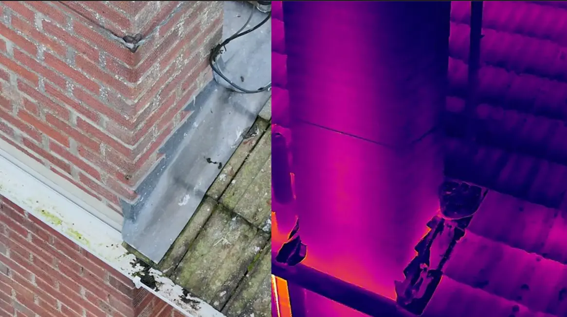 Thermal imaging drone inspection showing heat signature on residential roof