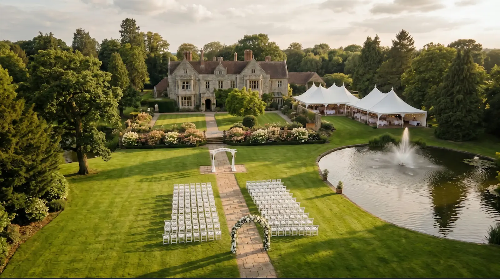 Aerial drone view of outdoor wedding ceremony, bride walking through garden