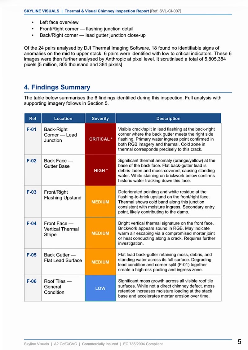 Thermal report findings summary page showing severity-rated defects