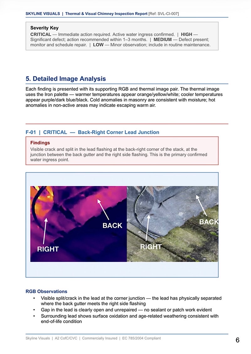 Thermal and RGB image pair showing water ingress analysis