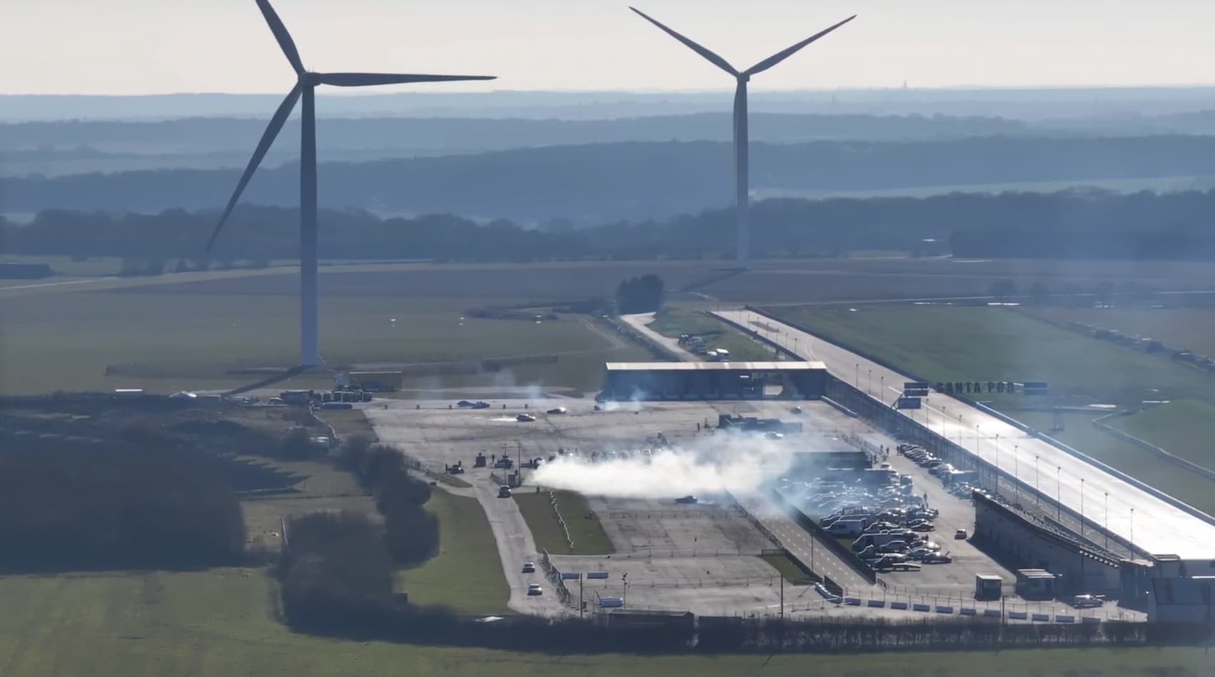 Aerial drone view of Santa Pod Raceway during a track day event