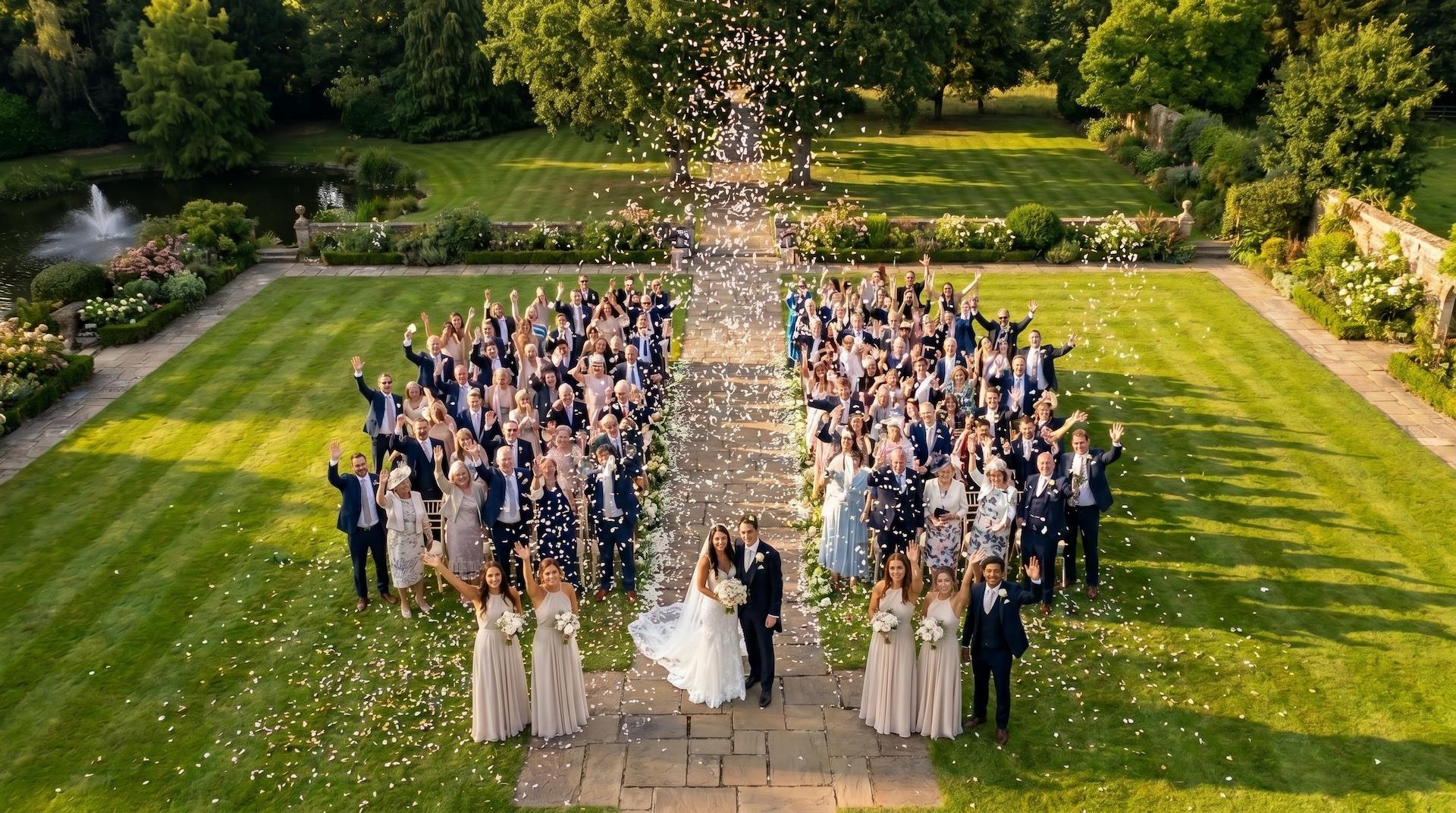 Aerial confetti shot at a Northamptonshire wedding — overhead drone view of the couple and guests
