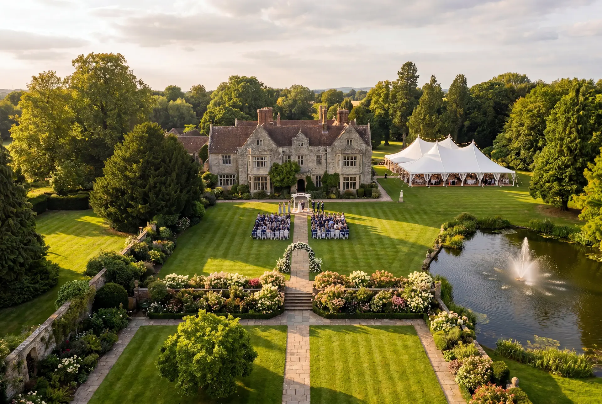 Aerial view of wedding venue and grounds